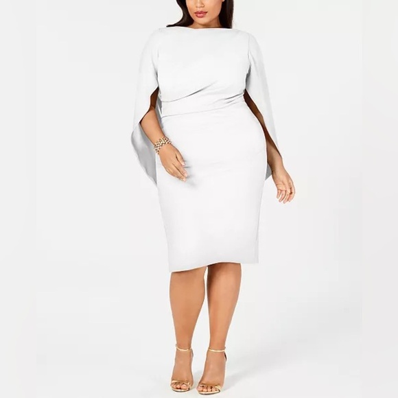 Betsy & Adam Plus Size Ruched Cape Dress in White - Picture 1 of 7